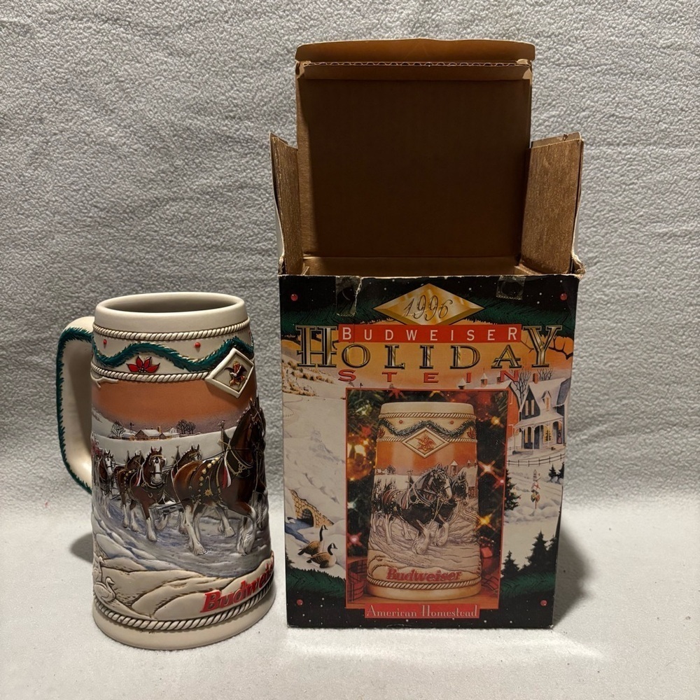 Vintage 1996 Budweiser Holiday Stein American Homestead in box